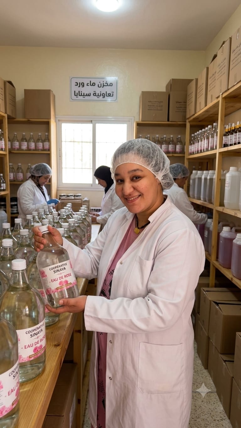 Bouteille d'eau de rose Coopérative Sinaya dans le magasin de stockage, devant les étagères remplies