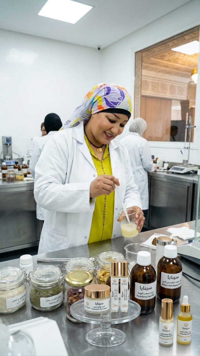 Préparation d'une émulsion au bécher dans la salle de formulation, devant des flacons Sinaya étiquetés et des bocaux de matières premières