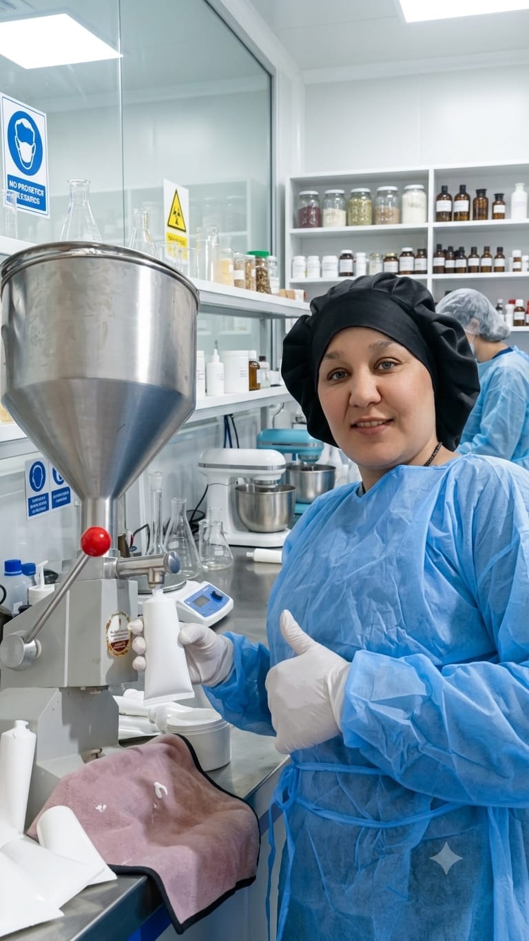 Remplissage d'un tube de crème sur une machine à piston, en blouse, charlotte et gants